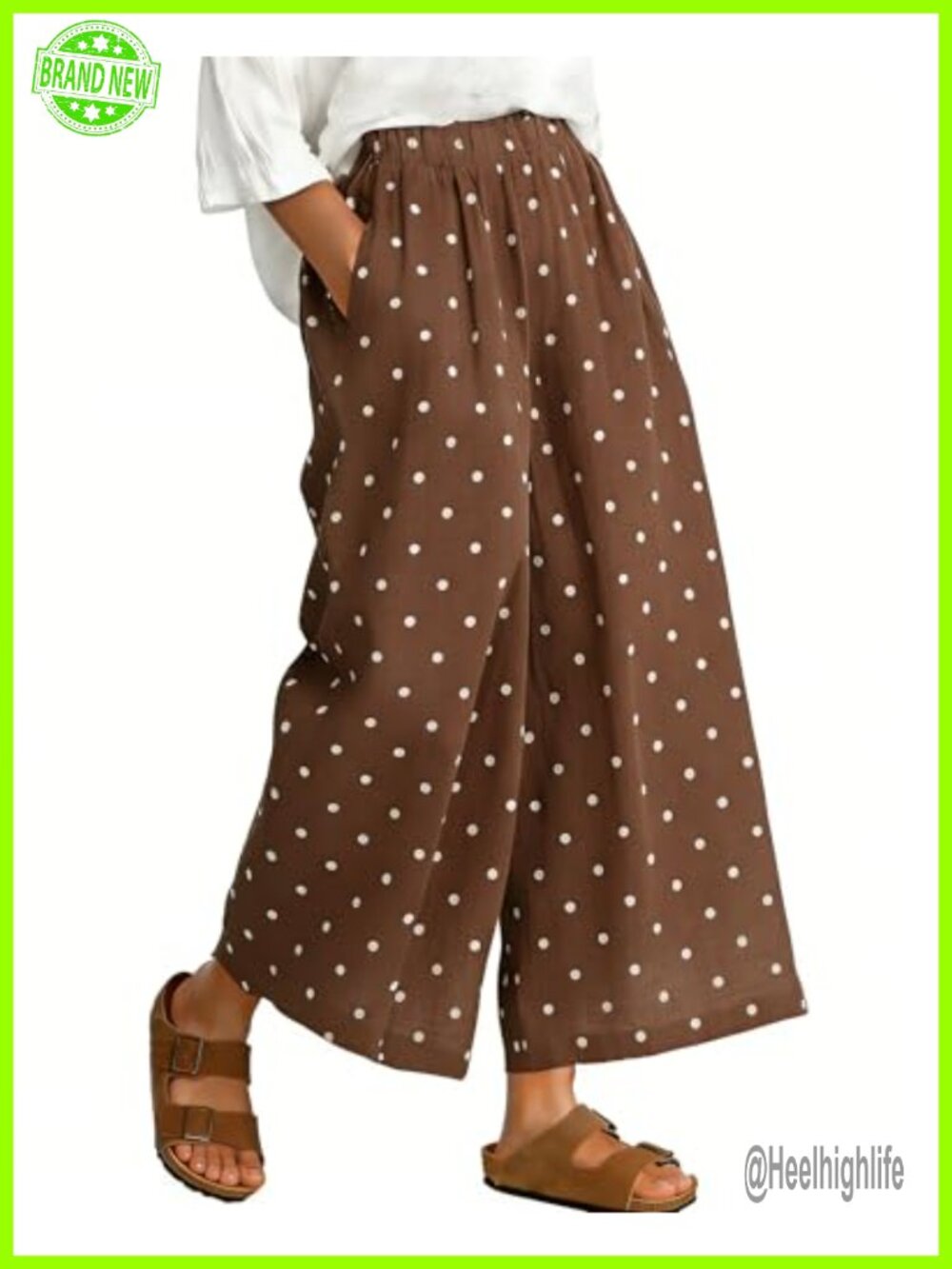 Wide Leg Palazzo Pants Cotton Linen Polka Dot Crop Trousers Pockets